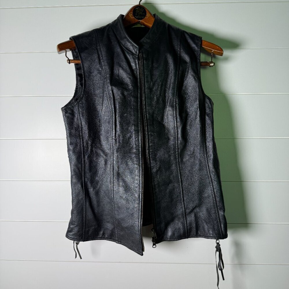 Newport News Vest Women's Size 6 100% Black Leather Bike Lace Up Sides Vintage